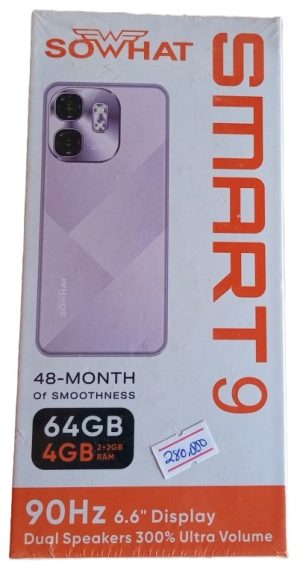 Smart 9 by Sowhat 64gb Storage, 2gb Ram , 4g network, 5mp front and 20mp Rear , 5000mah Battery , Type C ( New)