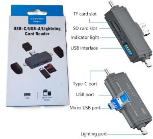 7 in 1 USB 2.0 SD Card Reader USB C Card Reader TF/Mirco SD Smart Memory Type C Lighting OTG Flash Drive Card reader Adapter (Black) ( new)