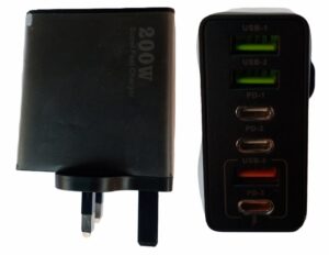 200W Super Fast Adapter , 200W 6-port USB charging station  three USB-C (labeled PD-1, PD-2, PD-3) and three USB-A (labeled USB-1, USB-2, USB-3) for laptops, tablets, and phones. ( New )