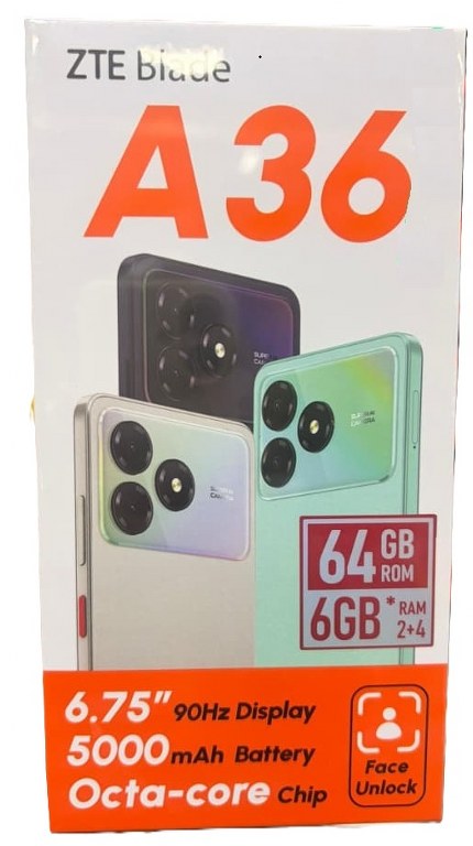 ZTE Blade A36 6.75'' 90Hz Display 64gb Storage, 6gb Ram ( 2gb + 4gb Extendable) , 4g network, 5mp front and 20mp Rear , 5000mah Battery , Type C 13mp Main camera 5mp Selfie Camera ( New)