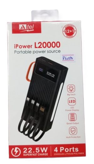 High Quality Atel iPower L20000 Potable Power Bank with 20000mAh With 4 Power outputs 22.5W fast charge (New)