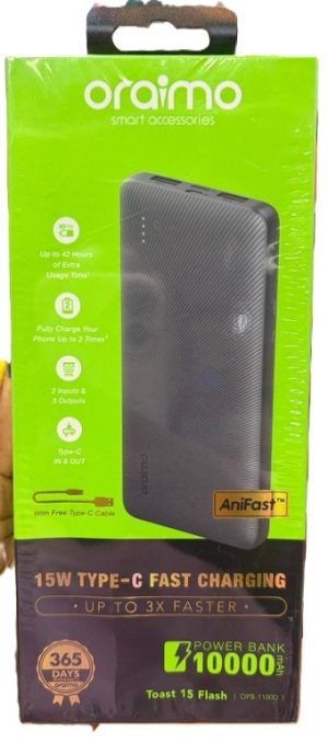 High Quality Oraimo Potable Power Bank powerbank with 10000mAh power bank with 15W fast charging  (New )