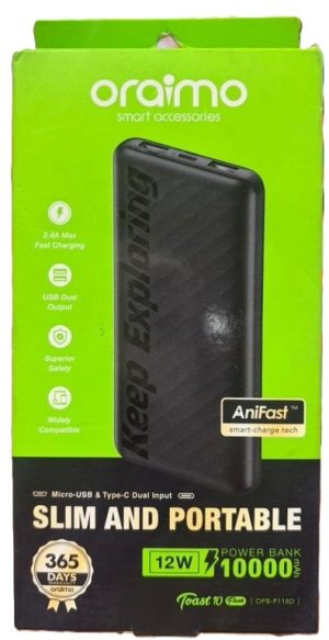 High Quality Oraimo Potable Power Bank powerbank with 10000mAh power bank with 12W Fast Charging with Micro usb and Type C fast Input (New )