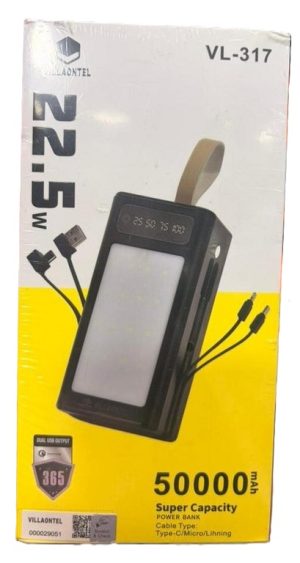 High Quality Villaontel VL-317  Potable Power Bank 50000mAh Power Bank Powerbank with with 22.5W fast charging Type C , Micro and Lightning Cables and ports  (New)