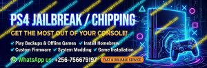 PS4 Jailbreak Uganda, PS4 Chipping Services, PS4 Game Installation, PS4 Custom Firmware (CFW), GoldHEN PS4 Installation, PS4 Offline Games Package, PS4 System Modding , PS4 13.00 and below Jailbreak, PS4 13.00 Jailbreak, PS4 Slim Modding, PS4 Pro Jailbreak, PS4 Hard Drive Game Preloading PS4 Software Unlock, Install Free PS4 Games, PS4 PKG Game Copying, PS4 Internal Drive Upgrade , PS4 Jailbreak, Chipping & Game Installation Services , Get your PS4 jailbroken and loaded with top offline games fast and affordably! Custom firmware, homebrew, and internal drive upgrades.